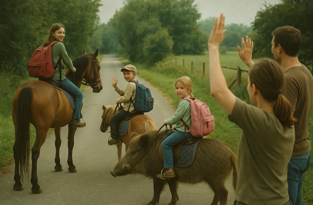 Départ pour l'école à cheval pour la semaine européenne de la mobilité.