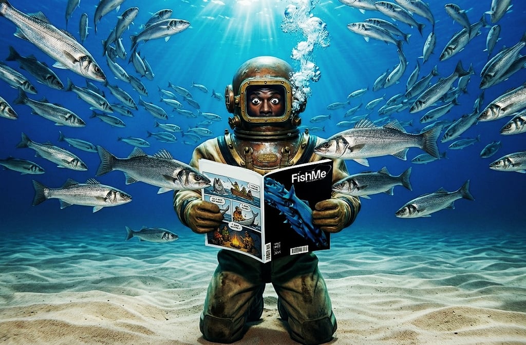 Scaphandrier lisant FishMe Magazine au fond de l'océan — magazine de pêche par Enzo Minardi