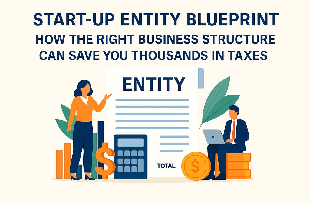 Business entity document with financial icons and professionals representing tax planning