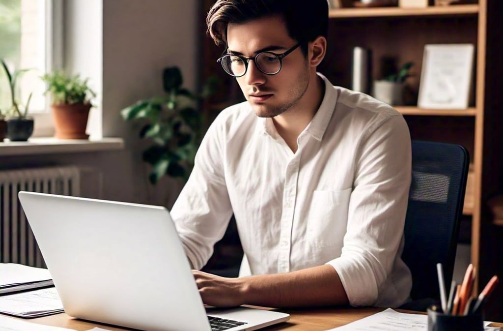 a man sitting at a desk with a laptop computer