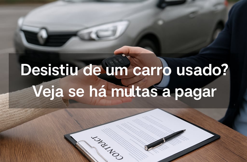 Entrega de chave de carro em mesa com contrato assinado, ilustrando desistência de compra com multa