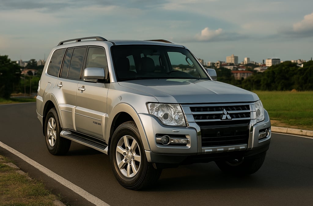 Mitsubishi Pajero Full prata em estrada asfaltada com prédios e árvores ao fundo