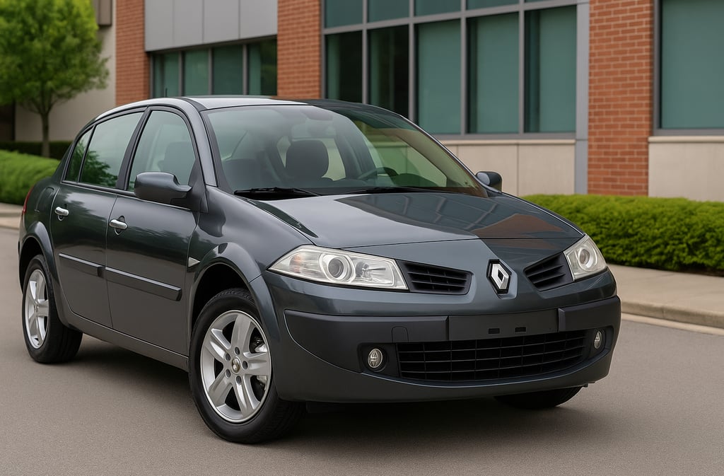 Renault Mégane cinza visto de frente e lateral em ambiente externo urbano