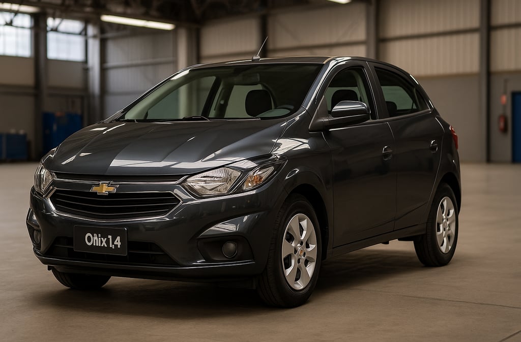 Chevrolet Onix 1.4 prateado estacionado em área urbana moderna com edifícios ao fundo.