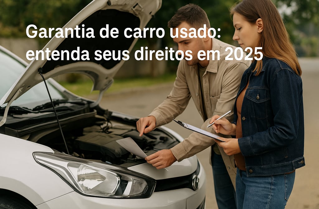 Homem e mulher inspecionam carro usado com capô aberto, discutindo garantia em rua residencial.
