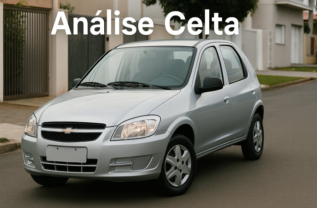 Chevrolet Celta prata estacionado em rua simples e iluminada, com visual urbano e limpo.