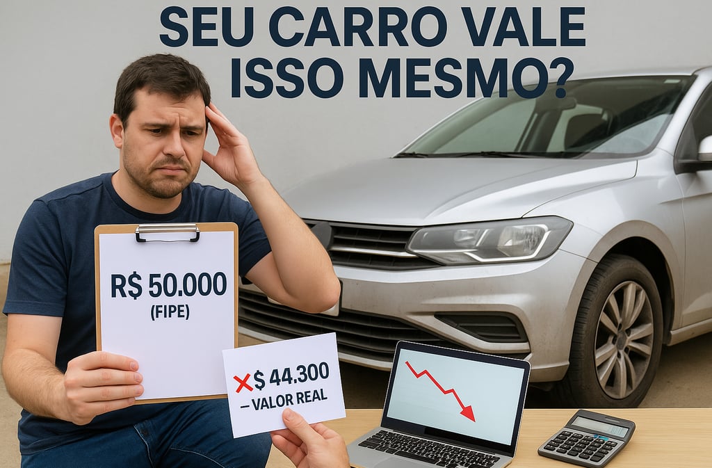 Homem com expressão confusa sentado em frente a um carro sujo, segurando uma placa com o valor "R$ 5