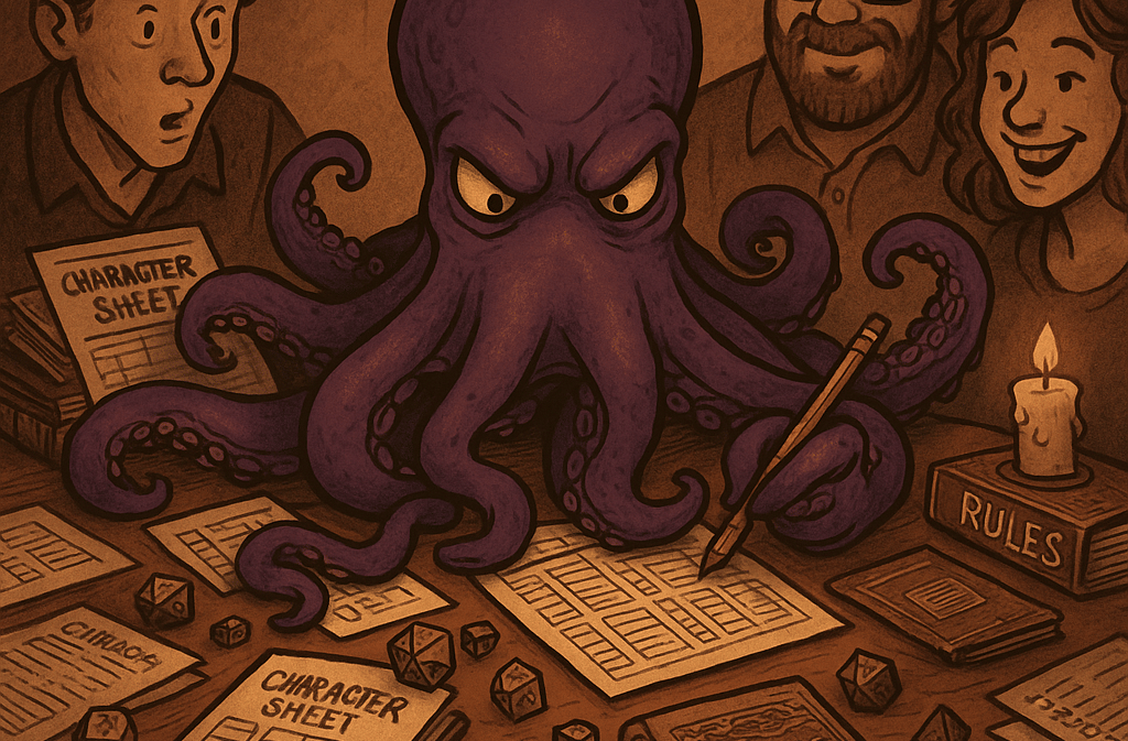 a cartoon octopus octopus in a table with people