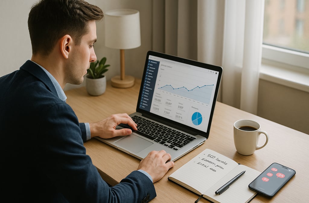 Entrepreneur analyzing website traffic growth strategies on laptop with analytics dashboard and note