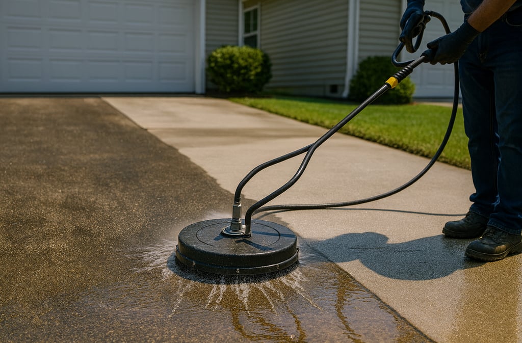 Professional pressure washing with a surface cleaner cleaning a dirty concrete driveway in Corsicana