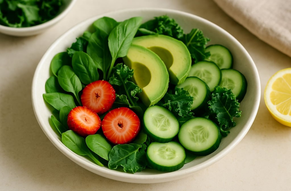"Salada saudável com espinafre, abacate, morangos e pepino em tigela branca"
