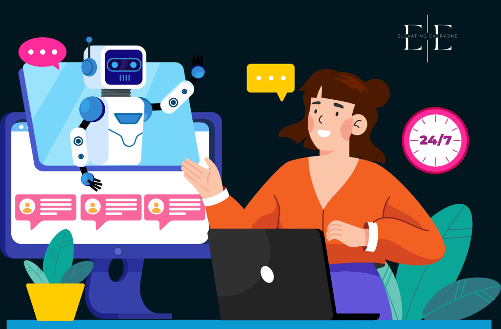 a woman sitting at a desk with a laptop and a robot