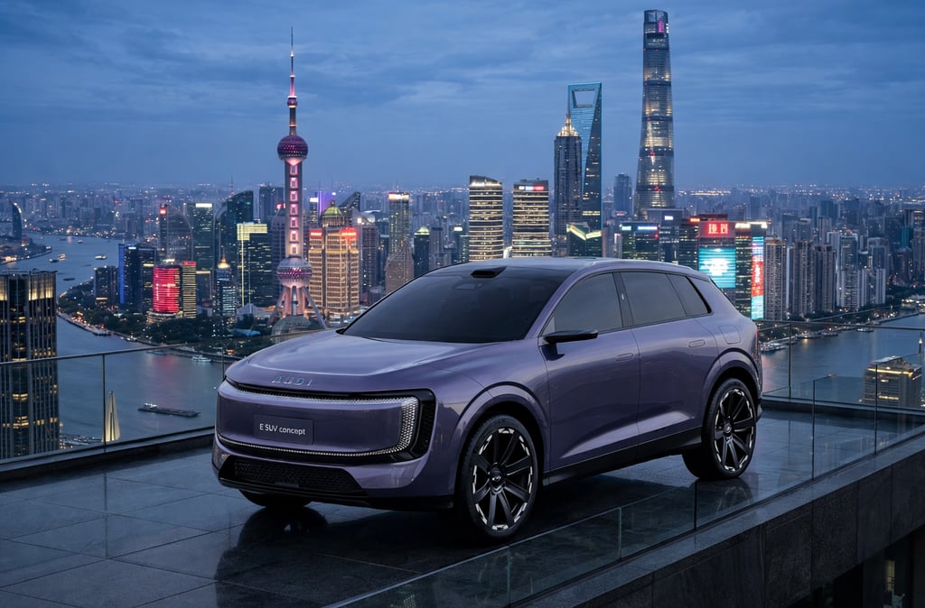 AUDI E7X SUV elétrico na China em rua de Xangai com design moderno e alta autonomia