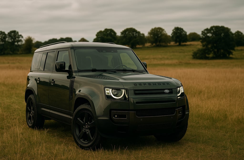 Land Rover Defender verde estacionado em campo aberto com gramado alto e céu nublado