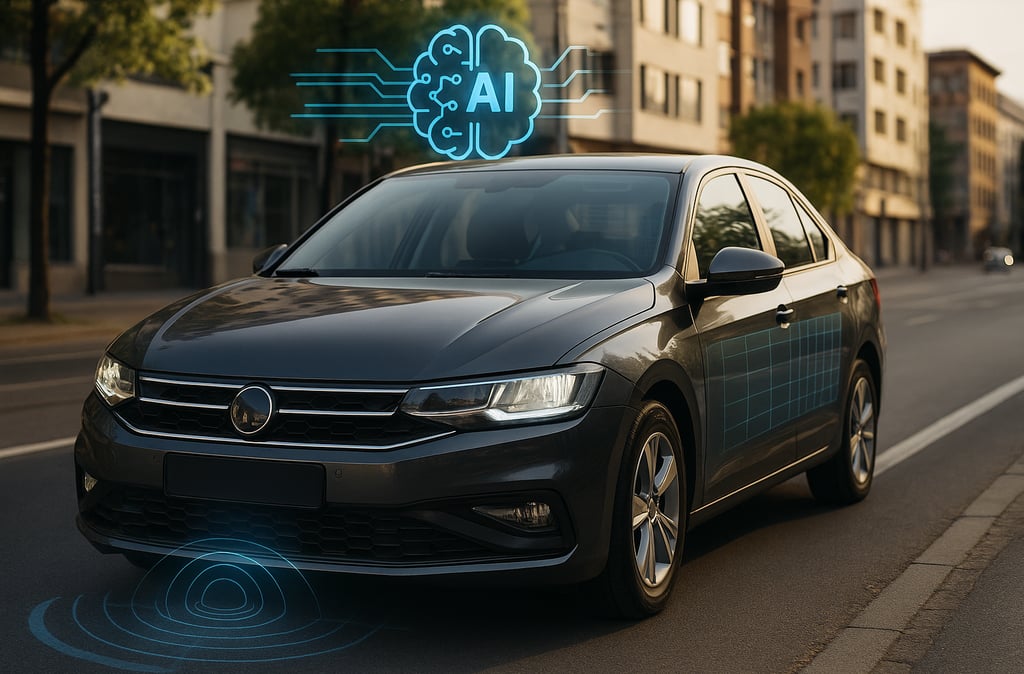 Carro usado moderno com sensores e tecnologia de inteligência artificial em rua urbana brasileira.