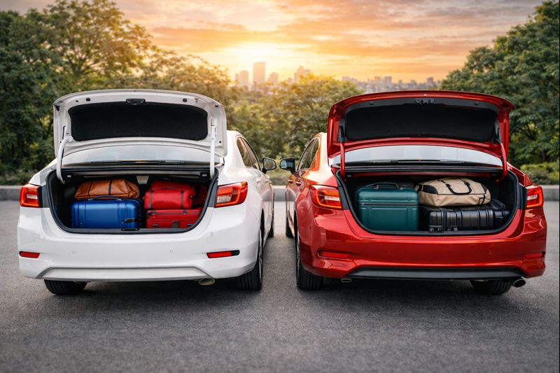 Dois sedãs com porta-malas abertos mostrando grande capacidade de bagagem para o uso no dia a dia