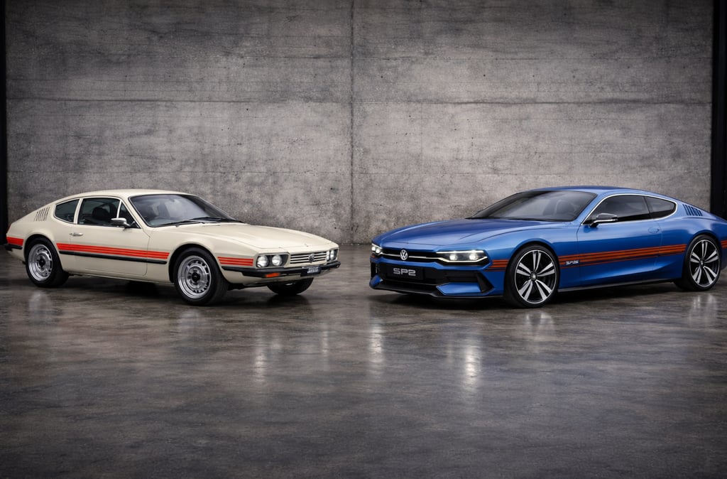 vw sp2 clássica e vw sp2 conceito 2026 frente a frente em posição 3/4 com carros completos