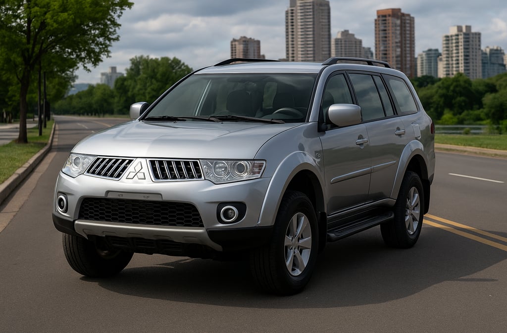Mitsubishi Pajero Dakar prata estacionada em avenida, vista de três quartos com prédios ao fundo