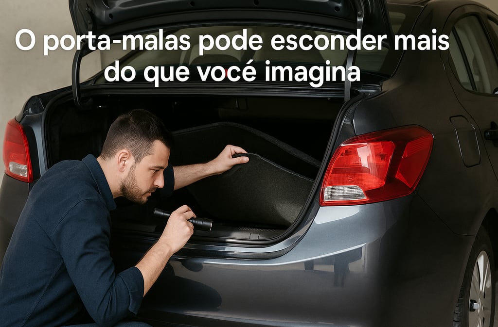 Homem inspeciona o porta-malas de um carro usado com lanterna, levantando o tapete para verificar o 