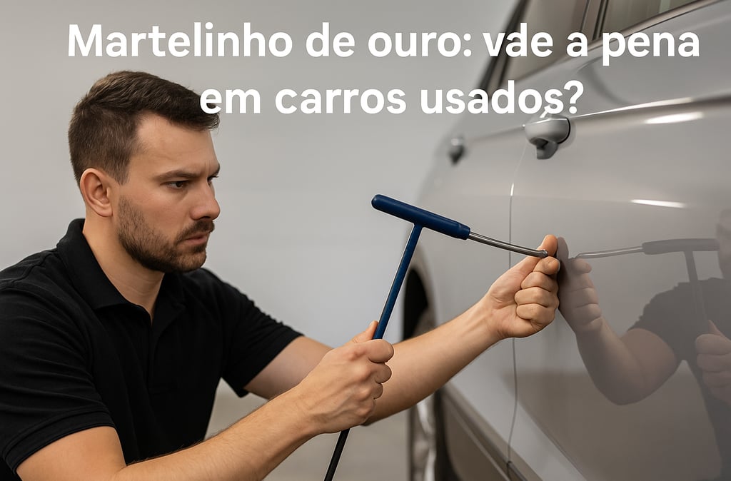 Técnico realiza martelinho de ouro com haste de alavanca em carro prata, em ambiente limpo e ilumina