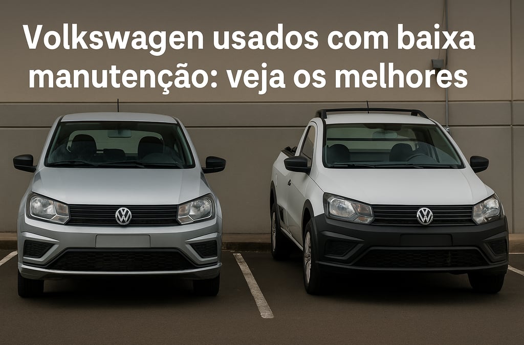 Volkswagen Gol G7 prata e Saveiro branca estacionados lado a lado em estacionamento urbano, com fund
