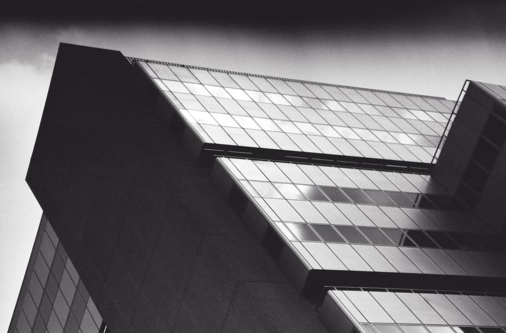 City building , futuristic look cqptured on analog film