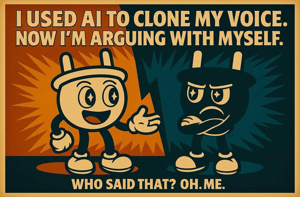 Vintage-style digital illustration of Plugsy the cartoon plug character facing a shadowy duplicate o
