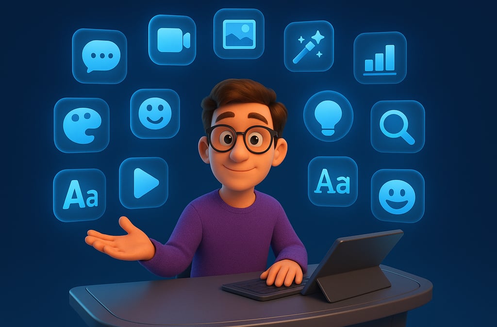 Cartoon of a person at a futuristic control desk surrounded by 12 glowing icons representing free AI