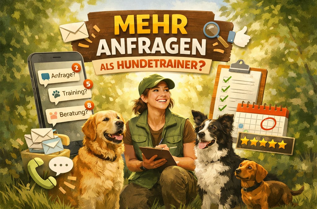 KI generiertes Bild. Hundetrainerin mit Hunden. im Hintergrund steht Mehr anfragen als Hundetrainer?