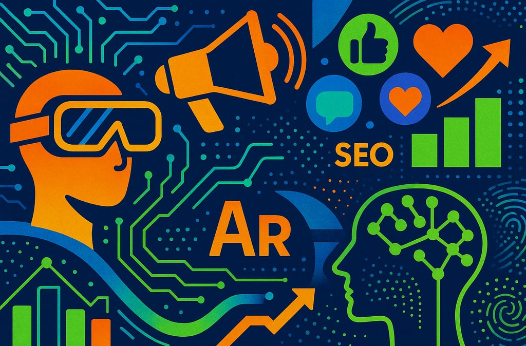 Vibrant, abstract graphic that is a collage of AI/tech, social media, SEO, AR, and circuit boards.