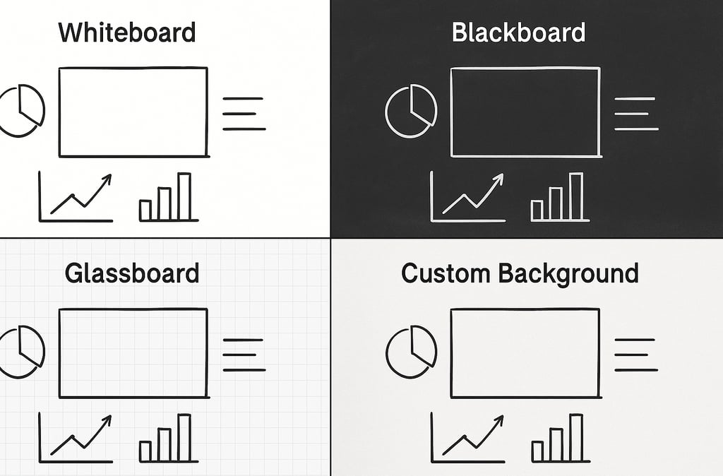 Split image showing examples of Whiteboard, Blackboard, Glassboard, and Custom Background styles