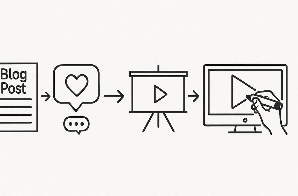 Icons representing different content types like blog post, social media, YouTube,  lead to doodle 