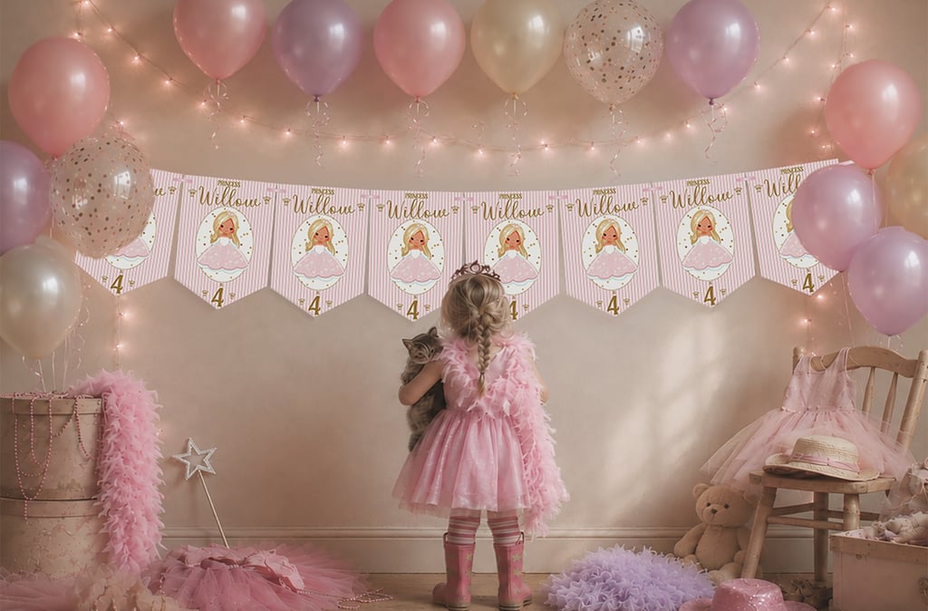 Little girl wearing wellies cuddling a kitten beneath personalised princess birthday bunting