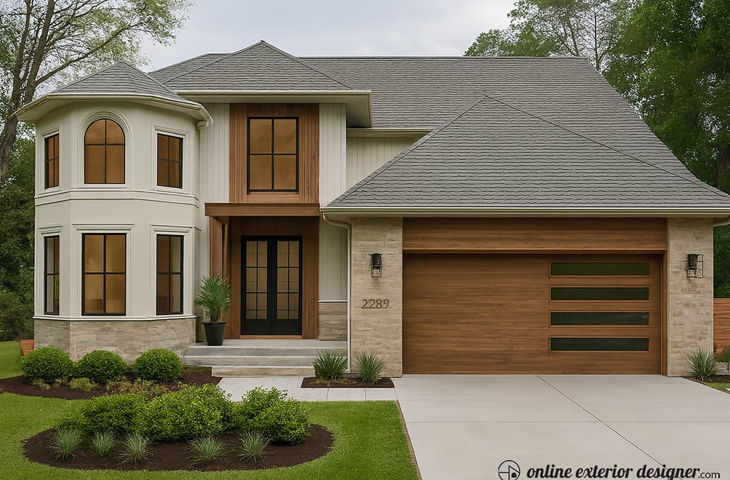Creamy house, wood garage, wood siding accents, off white exterior, transitional house