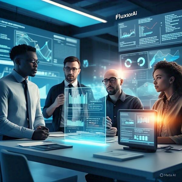 AI-powered marketing team collaborating on digital branding strategy in modern office"