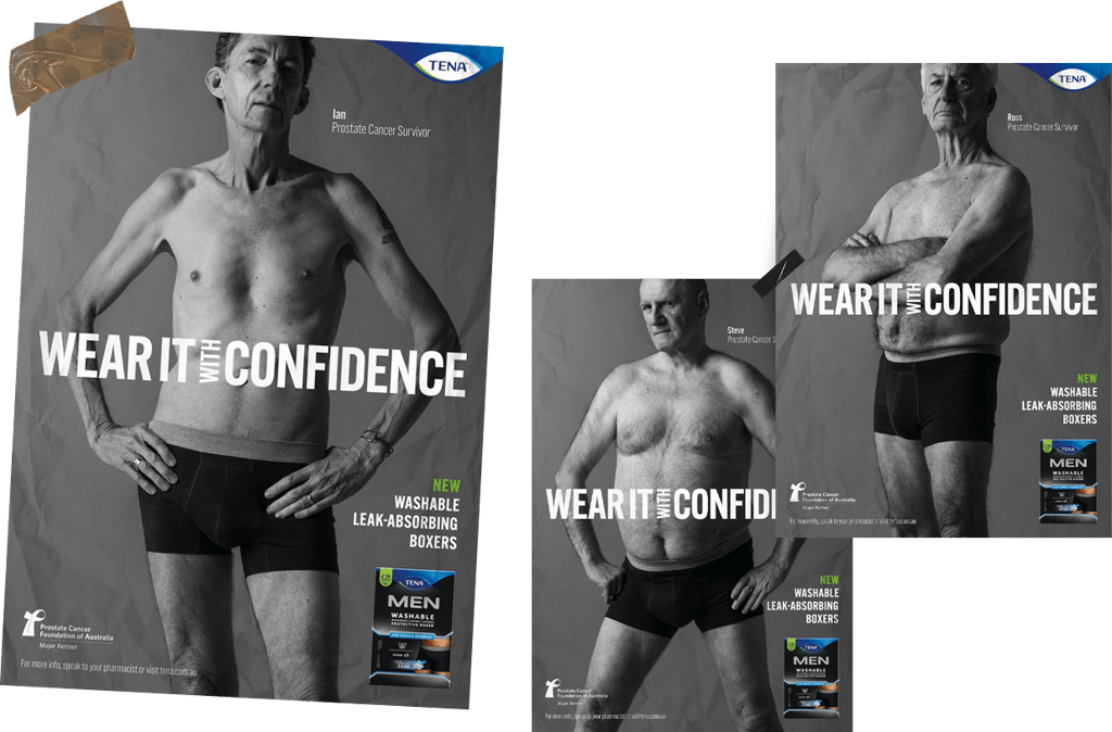 Drie zwart-wit affiches van oudere mannen met prostaatkanker in ondergoed