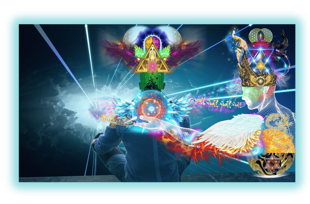 Surreal digital art featuring a person meditating with psychedelic sacred geometry and spiritual symbols.