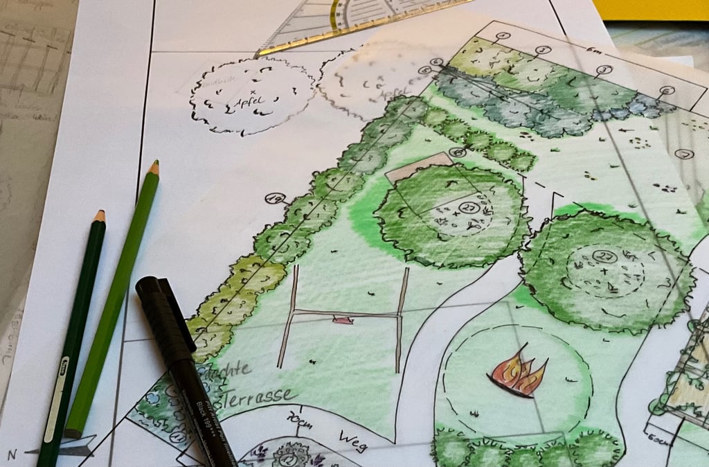 Ausschnitt aus einem kolorierten Gartenplan, darauf noch ein paar Zeichenstifte