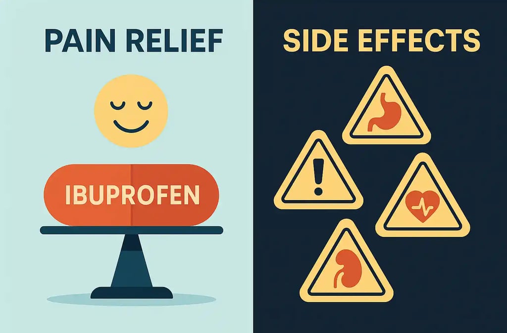 Split-screen illustration showing ibuprofen pain relief one side & side effect warnings for stomach, kidney & heart on other