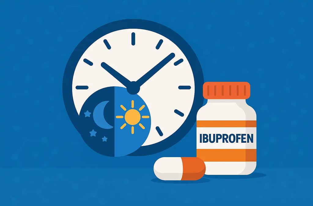 Illustration of ibuprofen pill bottle and capsule beside a bed with moon and stars, symbolizing nightly ibuprofen use