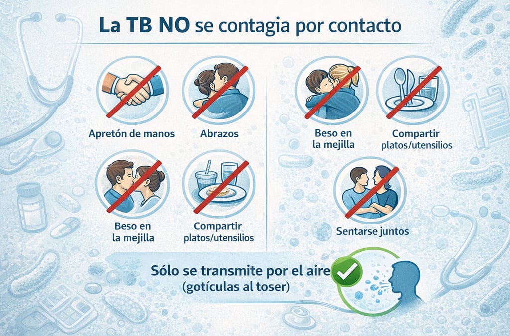 Diagrama educativo mostrando que la tuberculosis no se contagia por contacto físico