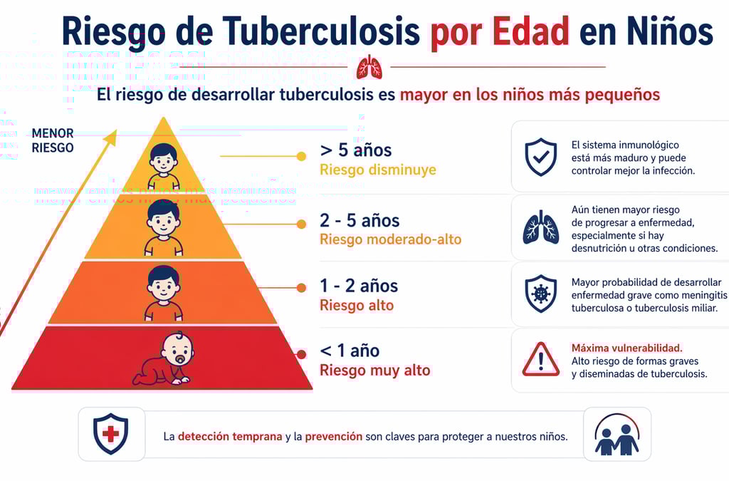 Gráfica de riesgo de tuberculosis por grupos de edad en niños: mayor riesgo en menores de 1 año