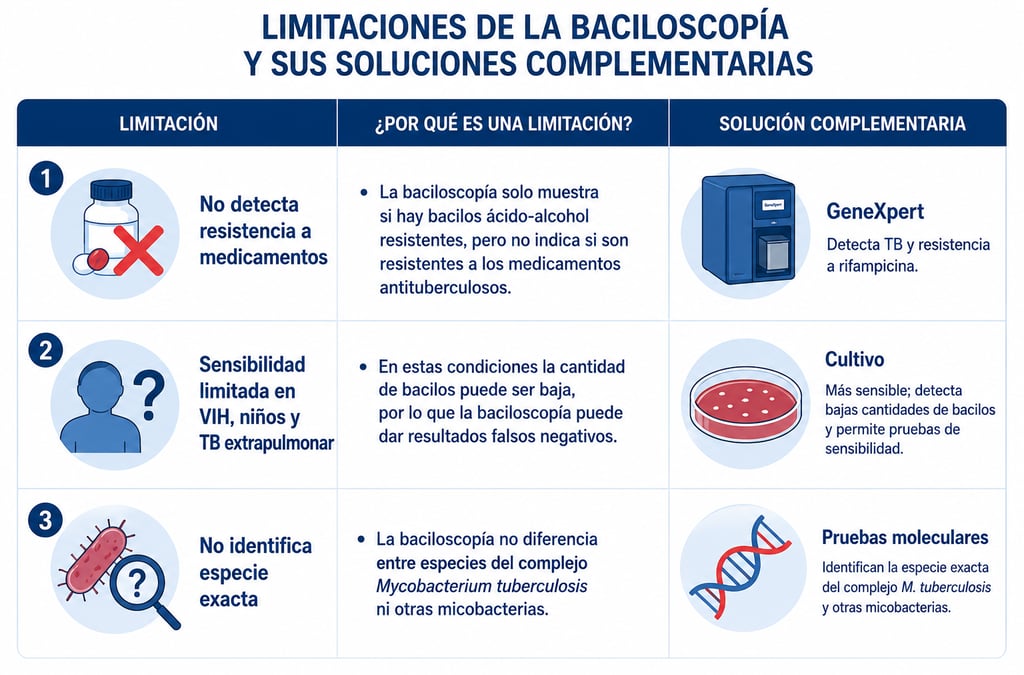 Infografía con las tres principales limitaciones de la baciloscopía para detectar tuberculosis