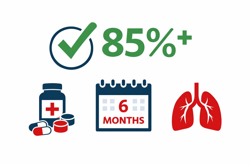 Infografía sobre tasa de curación de tuberculosis mayor al 85% con tratamiento completo