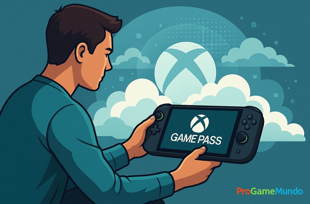 Jogador usando um console portátil Xbox com tela do Game Pass e fundo de nuvens digitais.