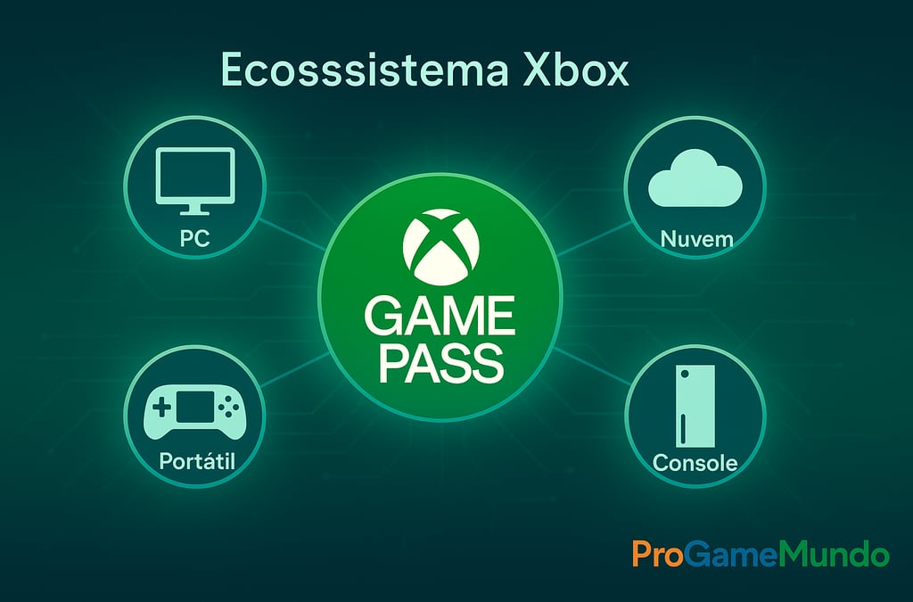 Infográfico do ecossistema Xbox conectando console, PC, portátil e nuvem ao Game Pass.