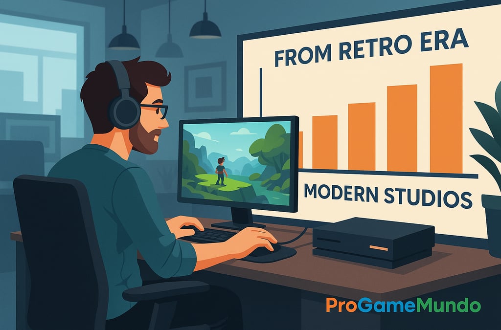 Desenvolvedor moderno criando jogo com gráfico de evolução dos estúdios.