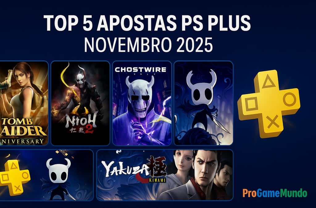 Ilustração horizontal com o título visível e jogos da PS Plus destacados para novembro de 2025.
