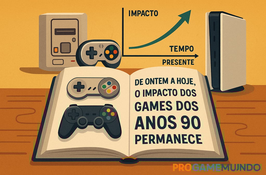 Livro com controles antigos e atuais e gráfico de impacto dos games dos anos 90.