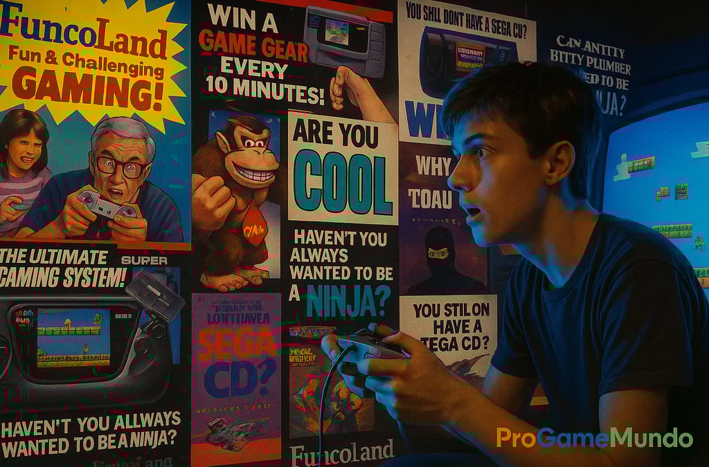 Garoto jogando videogame cercado por anúncios retrô de games dos anos 90.
